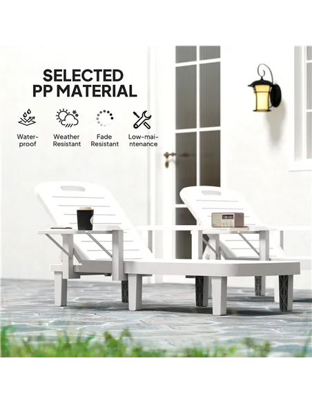 Outsunny Set of 2 Resin Reclining Sun Loungers for Garden, 5 Positions Adjustable Outdoor Chaise Lounge Chairs with Wood Texture