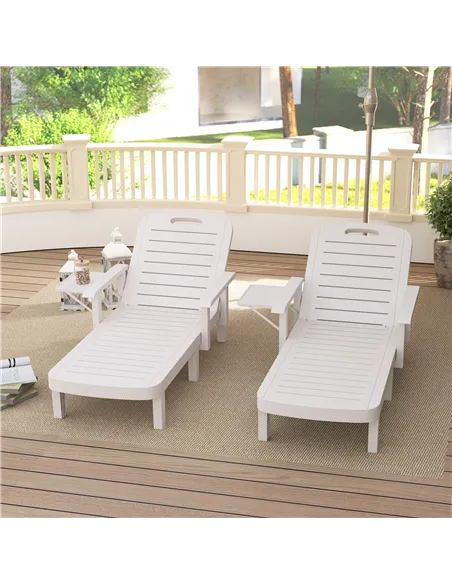 Outsunny Set of 2 Resin Reclining Sun Loungers for Garden, 5 Positions Adjustable Outdoor Chaise Lounge Chairs with Wood Texture