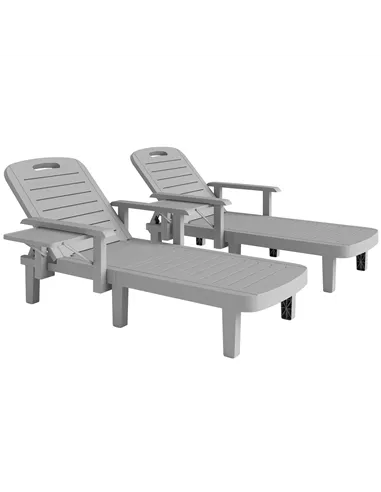Outsunny Set of 2 Resin Reclining Sun Loungers for Garden, 5 Positions Adjustable Outdoor Chaise Lounge Chairs with Wood Texture