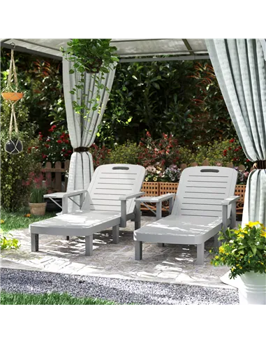 Outsunny Set of 2 Resin Reclining Sun Loungers for Garden, 5 Positions Adjustable Outdoor Chaise Lounge Chairs with Wood Texture