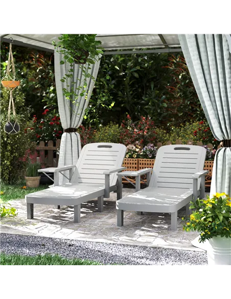 Outsunny Set of 2 Resin Reclining Sun Loungers for Garden, 5 Positions Adjustable Outdoor Chaise Lounge Chairs with Wood Texture