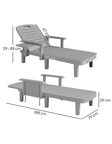 Outsunny Set of 2 Resin Reclining Sun Loungers for Garden, 5 Positions Adjustable Outdoor Chaise Lounge Chairs with Wood Texture