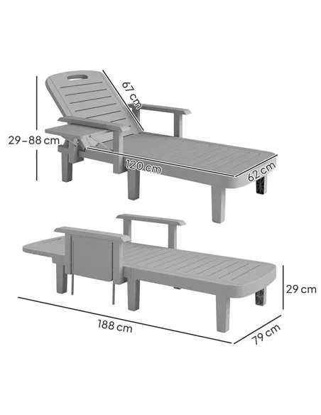Outsunny Set of 2 Resin Reclining Sun Loungers for Garden, 5 Positions Adjustable Outdoor Chaise Lounge Chairs with Wood Texture