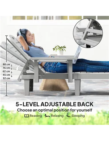 Outsunny Set of 2 Resin Reclining Sun Loungers for Garden, 5 Positions Adjustable Outdoor Chaise Lounge Chairs with Wood Texture