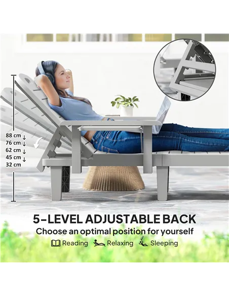 Outsunny Set of 2 Resin Reclining Sun Loungers for Garden, 5 Positions Adjustable Outdoor Chaise Lounge Chairs with Wood Texture