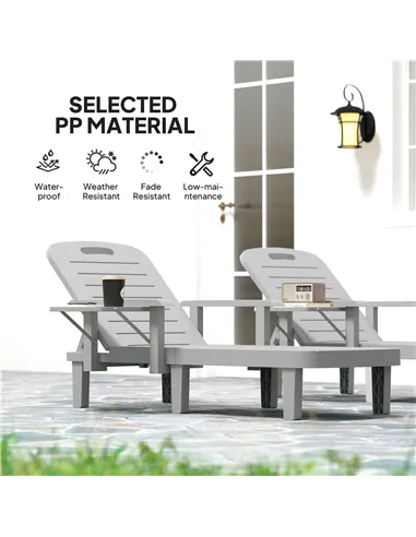 Outsunny Set of 2 Resin Reclining Sun Loungers for Garden, 5 Positions Adjustable Outdoor Chaise Lounge Chairs with Wood Texture