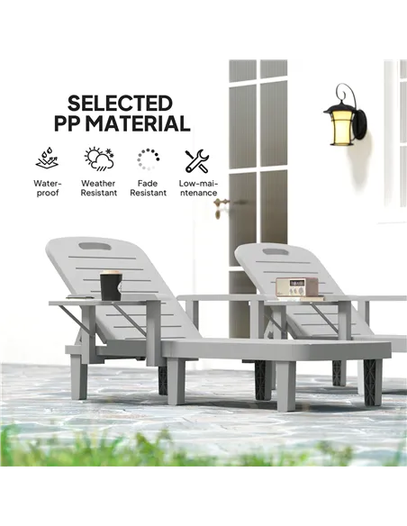 Outsunny Set of 2 Resin Reclining Sun Loungers for Garden, 5 Positions Adjustable Outdoor Chaise Lounge Chairs with Wood Texture