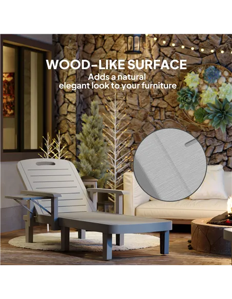 Outsunny Set of 2 Resin Reclining Sun Loungers for Garden, 5 Positions Adjustable Outdoor Chaise Lounge Chairs with Wood Texture