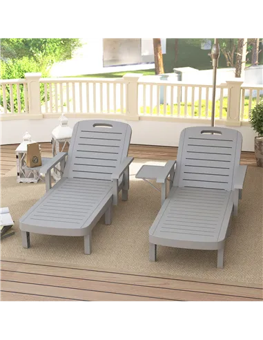 Outsunny Set of 2 Resin Reclining Sun Loungers for Garden, 5 Positions Adjustable Outdoor Chaise Lounge Chairs with Wood Texture