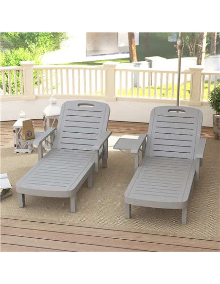 Outsunny Set of 2 Resin Reclining Sun Loungers for Garden, 5 Positions Adjustable Outdoor Chaise Lounge Chairs with Wood Texture