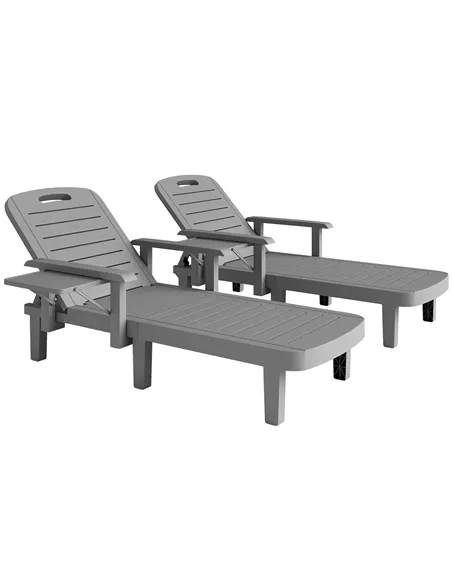 Outsunny Set of 2 Resin Reclining Sun Loungers for Garden, 5 Positions Adjustable Outdoor Chaise Lounge Chairs with Wood Texture