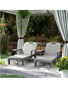 Outsunny Set of 2 Resin Reclining Sun Loungers for Garden, 5 Positions Adjustable Outdoor Chaise Lounge Chairs with Wood Texture 2