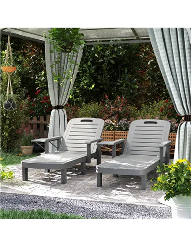 Outsunny Set of 2 Resin Reclining Sun Loungers for Garden, 5 Positions Adjustable Outdoor Chaise Lounge Chairs with Wood Texture