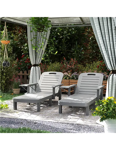 Outsunny Set of 2 Resin Reclining Sun Loungers for Garden, 5 Positions Adjustable Outdoor Chaise Lounge Chairs with Wood Texture