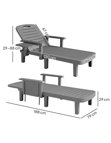 Outsunny Set of 2 Resin Reclining Sun Loungers for Garden, 5 Positions Adjustable Outdoor Chaise Lounge Chairs with Wood Texture