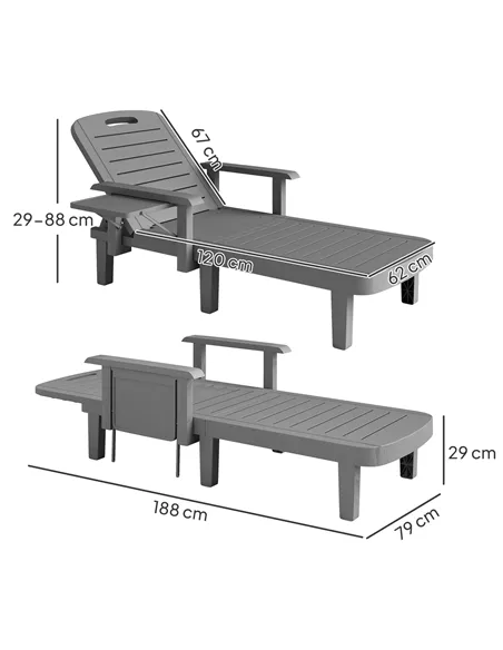 Outsunny Set of 2 Resin Reclining Sun Loungers for Garden, 5 Positions Adjustable Outdoor Chaise Lounge Chairs with Wood Texture