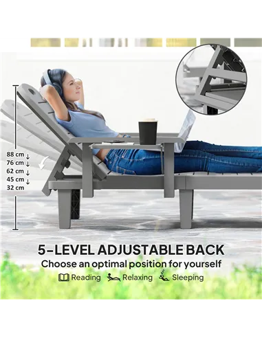 Outsunny Set of 2 Resin Reclining Sun Loungers for Garden, 5 Positions Adjustable Outdoor Chaise Lounge Chairs with Wood Texture