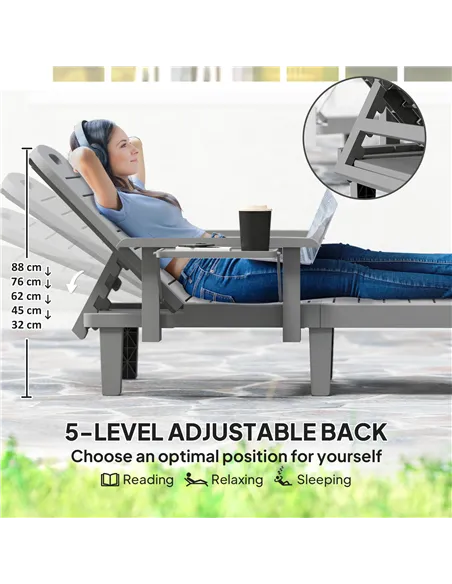 Outsunny Set of 2 Resin Reclining Sun Loungers for Garden, 5 Positions Adjustable Outdoor Chaise Lounge Chairs with Wood Texture