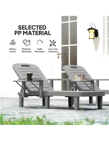 Outsunny Set of 2 Resin Reclining Sun Loungers for Garden, 5 Positions Adjustable Outdoor Chaise Lounge Chairs with Wood Texture