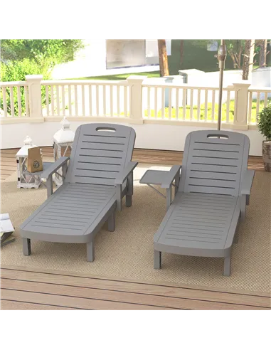 Outsunny Set of 2 Resin Reclining Sun Loungers for Garden, 5 Positions Adjustable Outdoor Chaise Lounge Chairs with Wood Texture