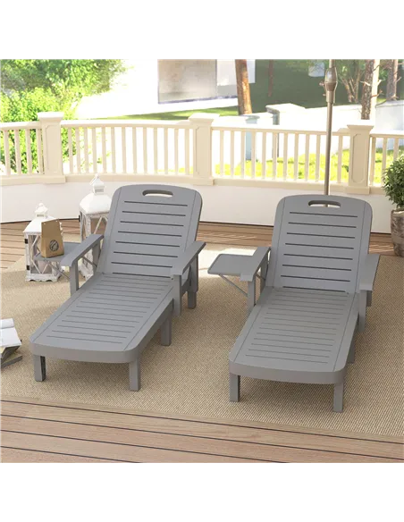 Outsunny Set of 2 Resin Reclining Sun Loungers for Garden, 5 Positions Adjustable Outdoor Chaise Lounge Chairs with Wood Texture
