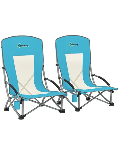 Outsunny Set of 2 Folding Beach Chair, Low Camping Chair with Mesh Back, Carry Bag and Cup Holder for Garden Outdoor Picnic Fest