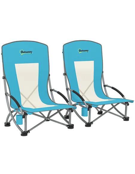Outsunny Set of 2 Folding Beach Chair, Low Camping Chair with Mesh Back, Carry Bag and Cup Holder for Garden Outdoor Picnic Fest