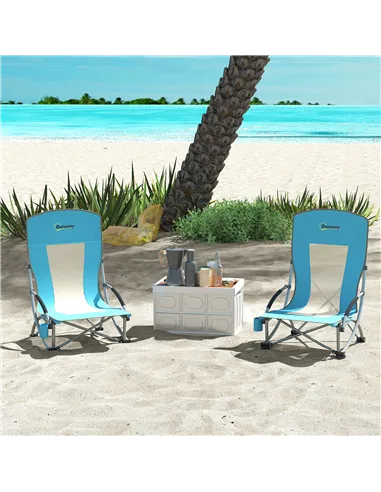 Outsunny Set of 2 Folding Beach Chair, Low Camping Chair with Mesh Back, Carry Bag and Cup Holder for Garden Outdoor Picnic Fest