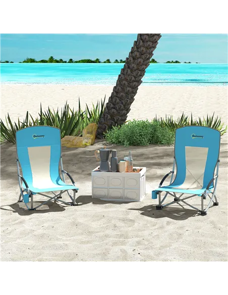 Outsunny Set of 2 Folding Beach Chair, Low Camping Chair with Mesh Back, Carry Bag and Cup Holder for Garden Outdoor Picnic Fest
