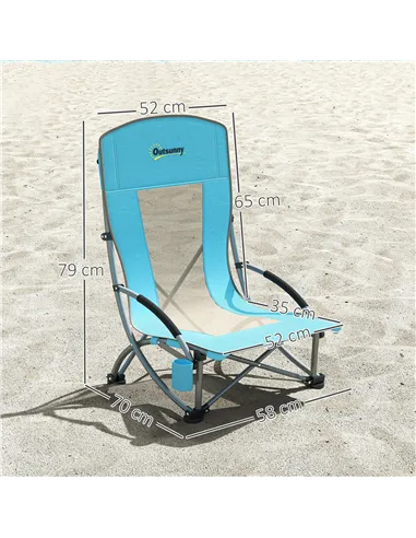 Outsunny Set of 2 Folding Beach Chair, Low Camping Chair with Mesh Back, Carry Bag and Cup Holder for Garden Outdoor Picnic Fest