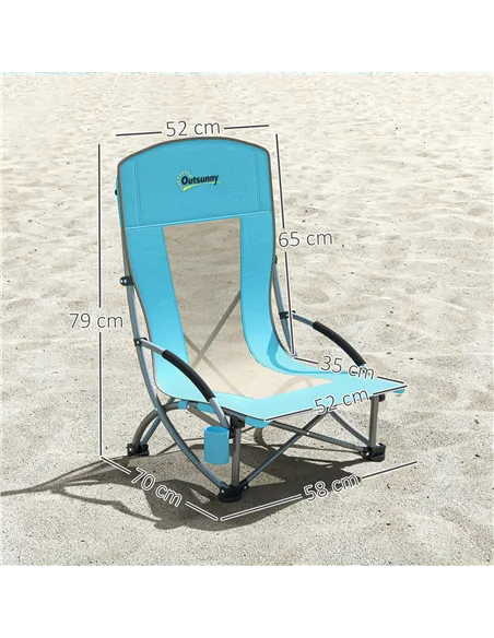 Outsunny Set of 2 Folding Beach Chair, Low Camping Chair with Mesh Back, Carry Bag and Cup Holder for Garden Outdoor Picnic Fest