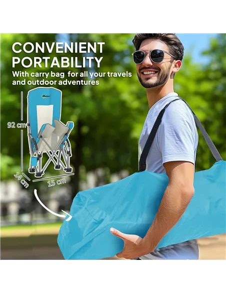 Outsunny Set of 2 Folding Beach Chair, Low Camping Chair with Mesh Back, Carry Bag and Cup Holder for Garden Outdoor Picnic Fest