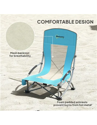Outsunny Set of 2 Folding Beach Chair, Low Camping Chair with Mesh Back, Carry Bag and Cup Holder for Garden Outdoor Picnic Fest