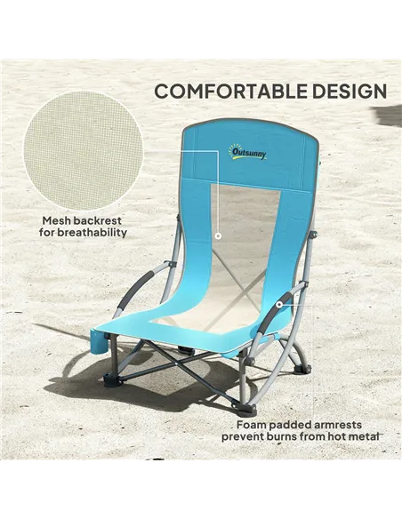 Outsunny Set of 2 Folding Beach Chair, Low Camping Chair with Mesh Back, Carry Bag and Cup Holder for Garden Outdoor Picnic Fest