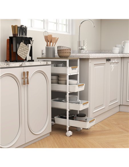 HOMCOM 5-Tier Storage Trolley on Wheels - White