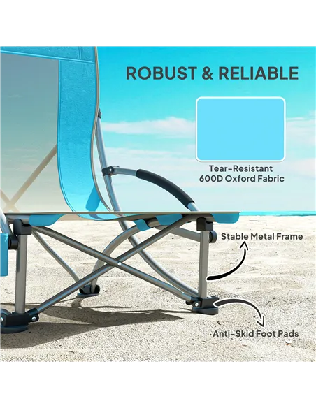 Outsunny Set of 2 Folding Beach Chair, Low Camping Chair with Mesh Back, Carry Bag and Cup Holder for Garden Outdoor Picnic Fest