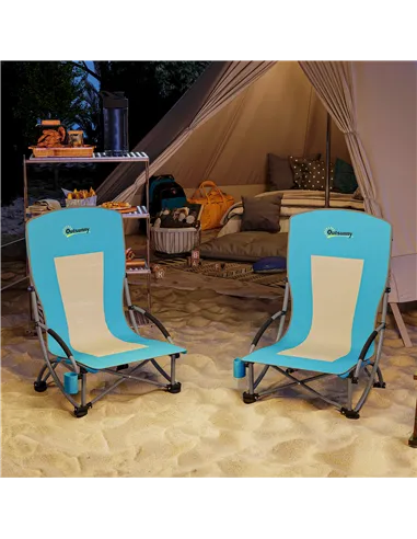 Outsunny Set of 2 Folding Beach Chair, Low Camping Chair with Mesh Back, Carry Bag and Cup Holder for Garden Outdoor Picnic Fest