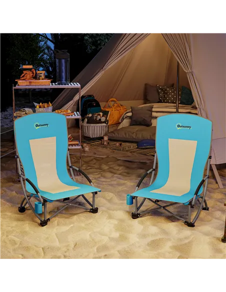 Outsunny Set of 2 Folding Beach Chair, Low Camping Chair with Mesh Back, Carry Bag and Cup Holder for Garden Outdoor Picnic Fest