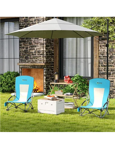 Outsunny Set of 2 Folding Beach Chair, Low Camping Chair with Mesh Back, Carry Bag and Cup Holder for Garden Outdoor Picnic Fest