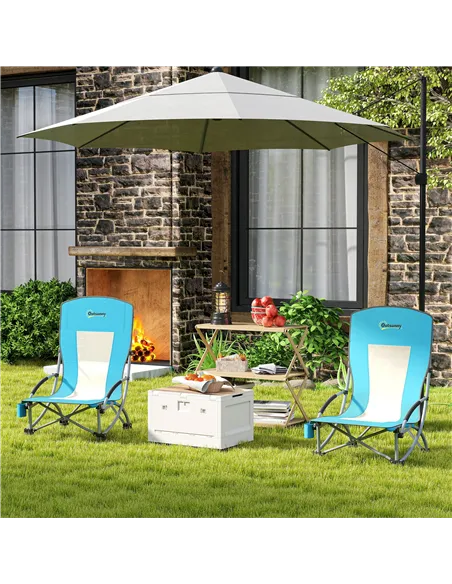 Outsunny Set of 2 Folding Beach Chair, Low Camping Chair with Mesh Back, Carry Bag and Cup Holder for Garden Outdoor Picnic Fest