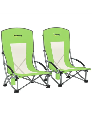 Outsunny Set of 2 Folding Beach Chair, Low Camping Chair with Mesh Back, Carry Bag and Cup Holder for Garden Outdoor Picnic Fest