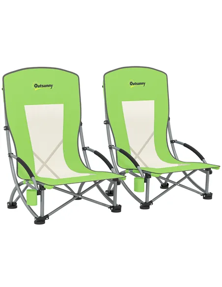 Outsunny Set of 2 Folding Beach Chair, Low Camping Chair with Mesh Back, Carry Bag and Cup Holder for Garden Outdoor Picnic Fest