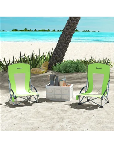 Outsunny Set of 2 Folding Beach Chair, Low Camping Chair with Mesh Back, Carry Bag and Cup Holder for Garden Outdoor Picnic Fest