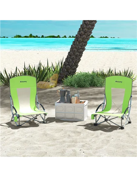 Outsunny Set of 2 Folding Beach Chair, Low Camping Chair with Mesh Back, Carry Bag and Cup Holder for Garden Outdoor Picnic Fest