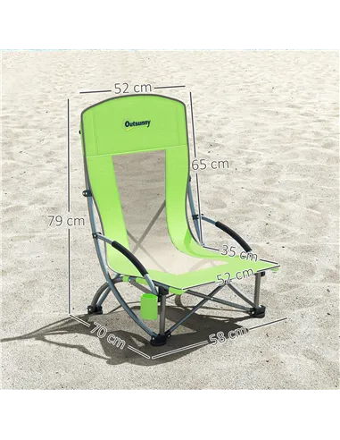 Outsunny Set of 2 Folding Beach Chair, Low Camping Chair with Mesh Back, Carry Bag and Cup Holder for Garden Outdoor Picnic Fest