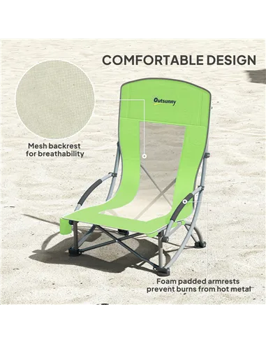 Outsunny Set of 2 Folding Beach Chair, Low Camping Chair with Mesh Back, Carry Bag and Cup Holder for Garden Outdoor Picnic Fest
