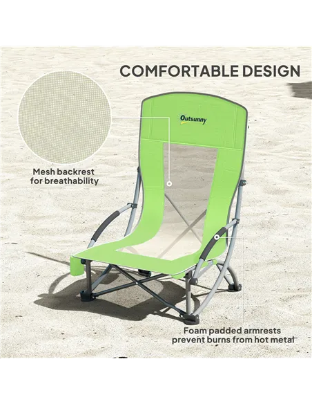 Outsunny Set of 2 Folding Beach Chair, Low Camping Chair with Mesh Back, Carry Bag and Cup Holder for Garden Outdoor Picnic Fest