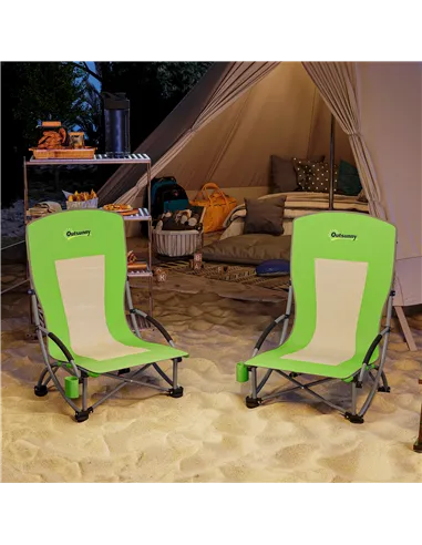 Outsunny Set of 2 Folding Beach Chair, Low Camping Chair with Mesh Back, Carry Bag and Cup Holder for Garden Outdoor Picnic Fest