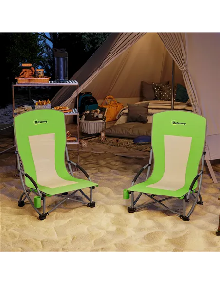 Outsunny Set of 2 Folding Beach Chair, Low Camping Chair with Mesh Back, Carry Bag and Cup Holder for Garden Outdoor Picnic Fest