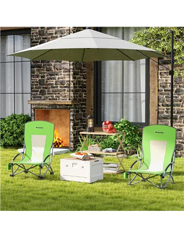 Outsunny Set of 2 Folding Beach Chair, Low Camping Chair with Mesh Back, Carry Bag and Cup Holder for Garden Outdoor Picnic Fest